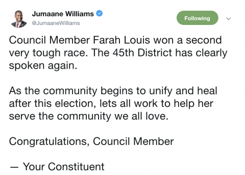 Jumaane Williams tweet about CM Farah Louis' victory