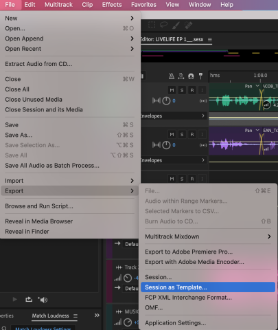 Screen shot of Adobe Audition and choosing the option to export the session as a template from the file menu