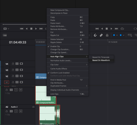 Screenshot of DaVinci Resolve showing auto align for audio clips