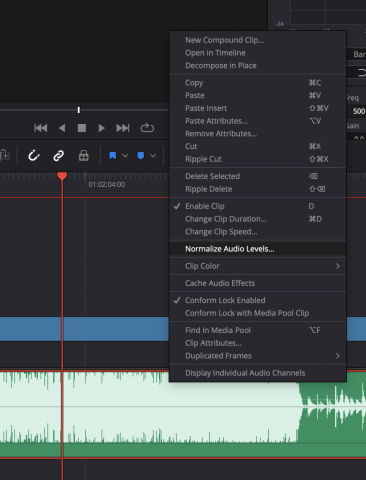 Screenshot of DaVinci Resolve Normalize Audio Levels option in the context menu