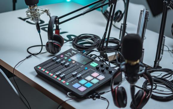 A photo of a Rodecaster Pro and microphones around a table.