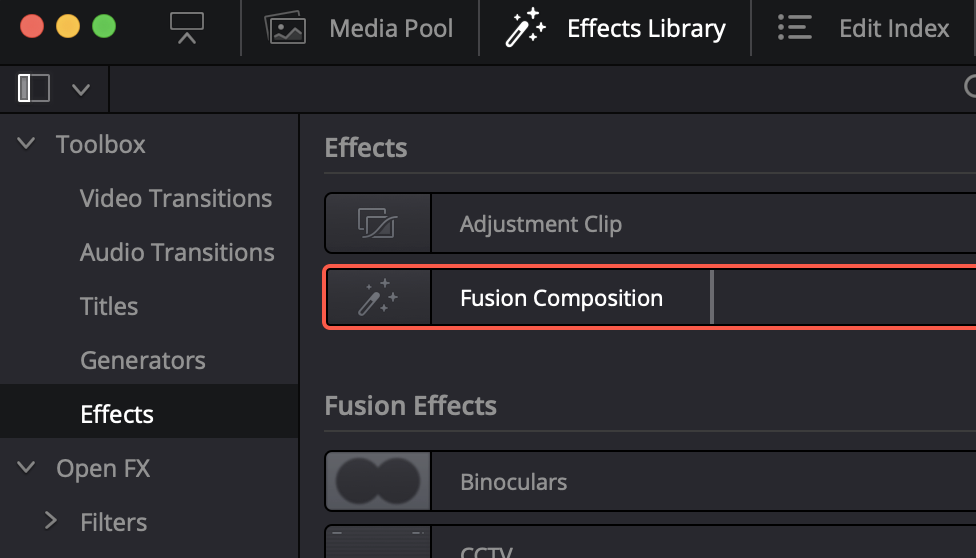 How to select the Fusion Composition in the Effects Library in DaVinci Resolve