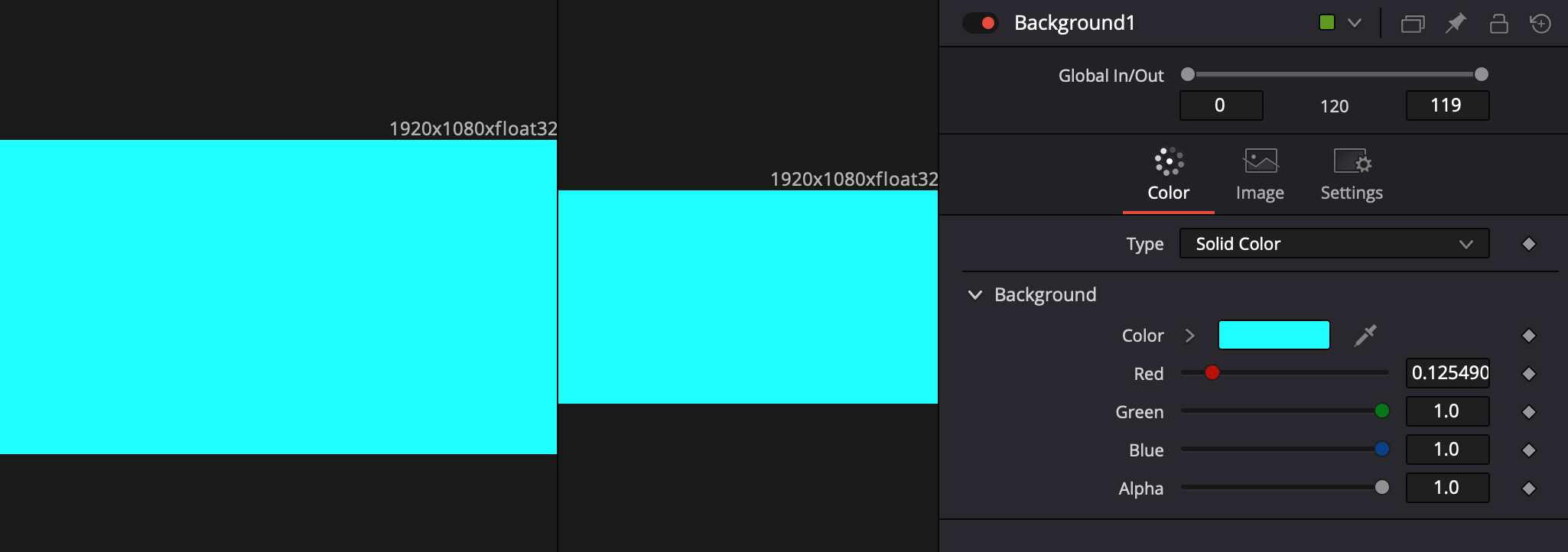 Use the Inspector panel to change the color of the background node