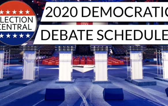 2020 Democrative Debate graphic with podiums