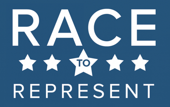 race to represent logo with blue background 