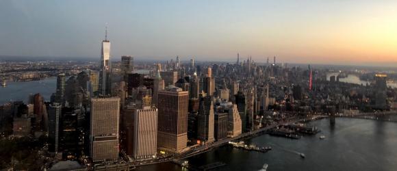 Manhattan skyline shot from a helicopter