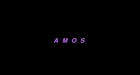 Black background with pink letters: "AMOS"