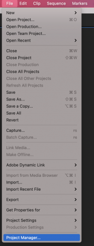 Menu showing that the Project Manager is accessible in Premiere