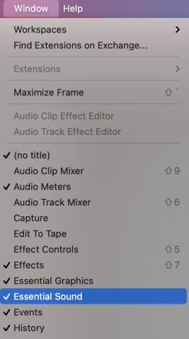 Screenshot of Adobe Premiere showing the Essential Sound in the menu