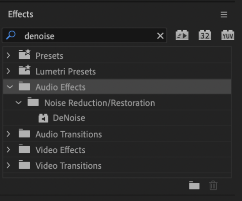 Screenshot of the Adobe Premiere Pro interface showing the user searched for the DeNoise Audio Effect