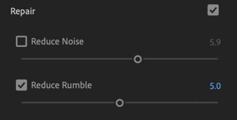 Screenshot of the Adobe Premiere Pro Essential Sound Panel options for Reduce Noise and Reduce Rumble Sliders 