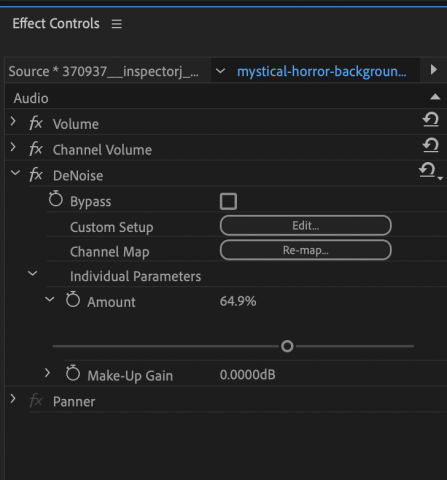 Screenshot of Adobe Premiere Pro Effect Controls Panel with the DeNoise Effect added