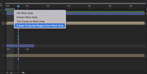 Screen shot of After Effects showing the selection of the Create Protected Region from Work Area option in the right click context menu of the timeline