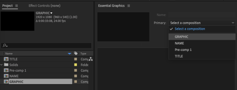 Screen shot of the After Effects Essential Graphics panel showing the selection of the GRAPHIC composition