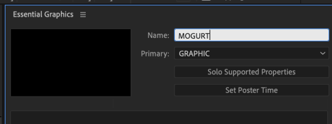 Screenshot of the After Effects Essential Graphics panel changing the name to MOGURT