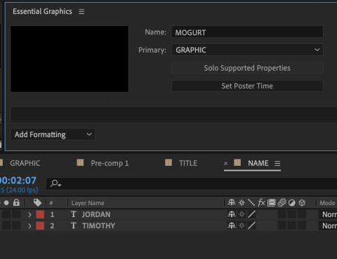 Screenshot of the After Effects Essential Graphics and timeline panels