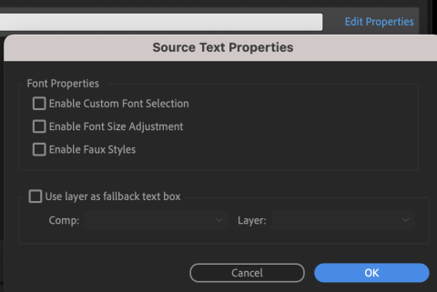Screenshot showing options for editing Source Text Properties in After Effects