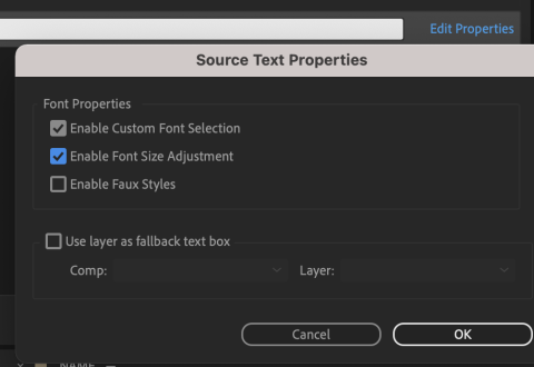 Screenshot showing the Source Text Properties options in After Effects with boxes checked for Enable Custom Font Selection and Enable Font Size Adjustment