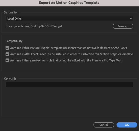 Screenshot of the window to export a motion graphics template from After Effects