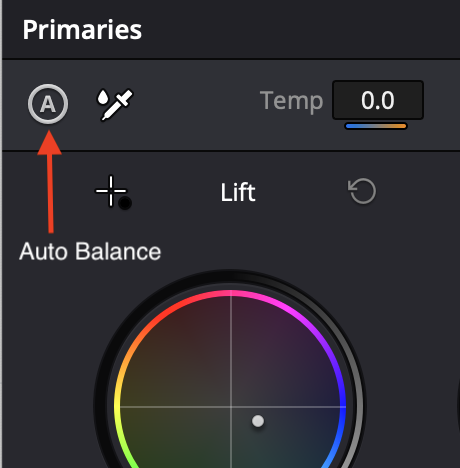 Screenshot from DaVinci Resolve with an arrow pointing to the button for Auto Balance