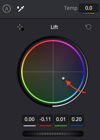 Screenshot of DaVinci Resolve Lift Color Wheel with an arrow pointing to the gray control dot