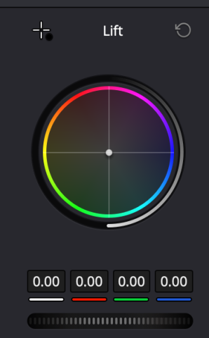 Screenshot from DaVinci Resolve showing the Lift Color Wheel adjusted so it is back at the default position in the center