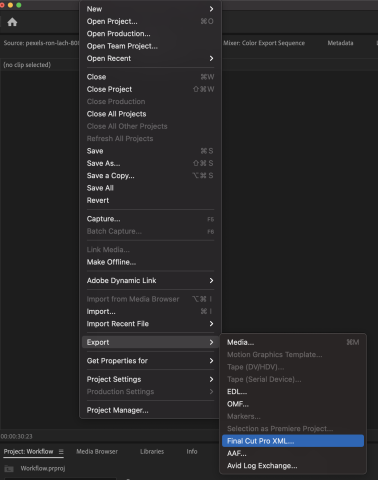 Screen Shot showing the menu option in Premiere to export a Final Cut Pro XML