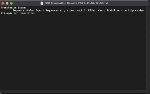 Screen shot showing the FCP XML Translation Results Text File contents