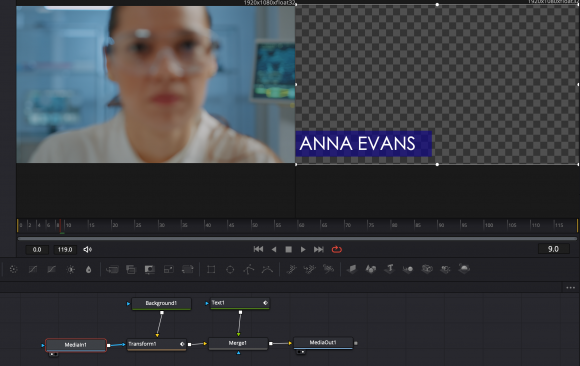 Screenshot of a project using the DaVinci Resolve Fusion Page to create a lower third title